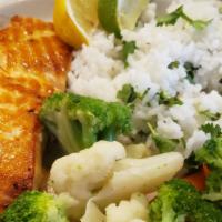 Grilled Salmon Plate · grilled Atlantic salmon-cilantro lime rice-mixed vegetables-side of cilantro aioli