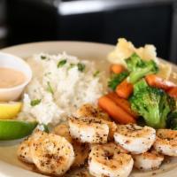 Grilled Shrimp Plate · grilled shrimp served with cilantro lime rice and mixed vegtebales
