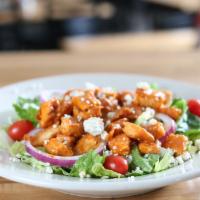 Bleu Buffalo Chicken · Buffalo chicken strips ( fried or grilled ) on romaine - red onion tomatoes - bleu cheese cr...
