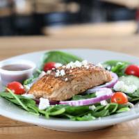 Spinach Salmon · Grilled atlantic salmon fillet on bed of fresh spinach - cherry tomatoes - red onion cucumbe...