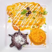 Abigail Enchiladas · 3 chicken enchiladas with our special mama’s homemade red sauce, topped with cheddar and Jac...