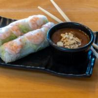 Shrimp Spring Rolls (2) · Fresh rice paper rolls  with peanut sauce on the side.
