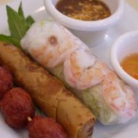 Trio Sampler · 1 Vietnamese egg roll, 1 shrimp spring roll, and 1 grilled pork BBQ meatballs served with 1 ...
