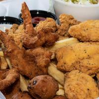 Fry Me To The Moon · A fishermen’s feast! Five large fried shrimp, full serving of our southern fried catfish, th...