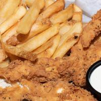 Chicken Fingers · Three chicken strips, crispy-fried or grilled, served with choice of side item, and ramekin ...