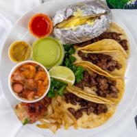 Tacos Asada · Tacos include and order of 4 tacos with green onions, a jalapeño wrapped in bacon stuffed wi...