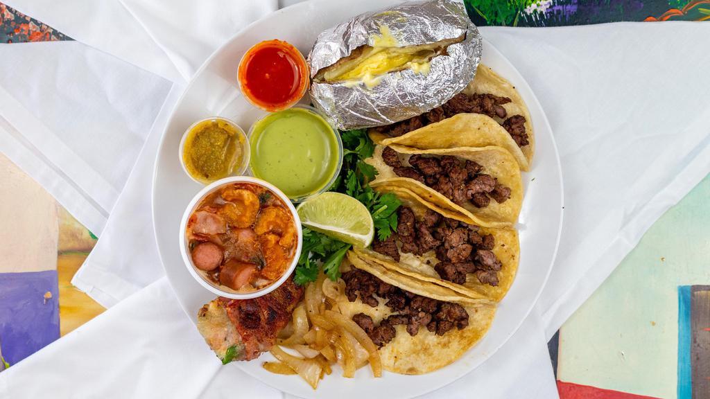 Tacos Asada · Tacos include and order of 4 tacos with green onions, a jalapeño wrapped in bacon stuffed with cheese, salsa verde, roja, guacamole and pico de gallo.