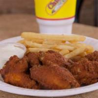 #6 Combo · 8 Piece hot wings served with 1 regular side item and a 32oz drink and a roll