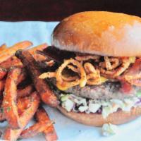 Slow Hand · Premium angus beef, cheddar, hickory smoked bacon, house slaw, hand battered onion strings, ...