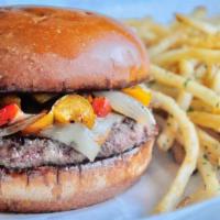 Pepper · Premium angus beef, pepper jack cheese, grilled red and yellow bell peppers, caramelized oni...