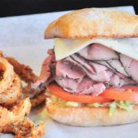 Lucielle · Boar's Head London Port roast beef, pepper jack cheese, lettuce, tomato, red onion, and hors...