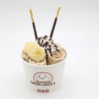 Goin' Banana · Vanilla ice cream mix with nutella and banana, topped with whipped, chocolate pocky sticks, ...