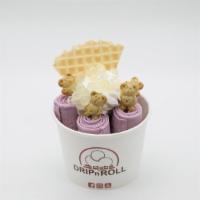 Taro-Taro · Taro ice cream, topped with whipped cream, lychee popping boba, waffle piece and graham bear,
