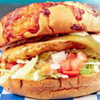 Southwest Chicken Sandwich · Skinless breast on a whole wheat or cheddar jalapeño bun with green chiles, pepper jack chee...