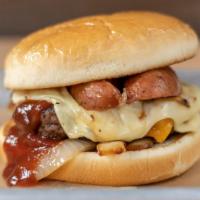 Wurst Burger · 1/2 pound burger with grilled onions, BBQ sauce, cheddar and pepper jack cheese, topped with...