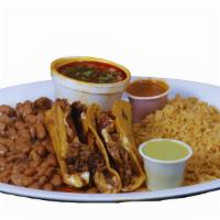  Cheesy Quesataco Plate · Three crunchy tacos with side of dipping broth, rice and beans.