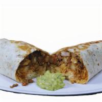Big California Burrito · Fajita, shrimp, fries, rice, cheese, pico De gallo, guacamole and sour cream.