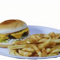 Cheeseburger W/Fries · Half Pound Angus beef patty, lettuce, tomato, onions, pickles, ketchup and mayo