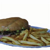 Torta W/Fries · Your choice of protein, re-fried beans, cheese, lettuce, tomato, onion, guacamole, pickled j...