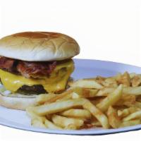 Double Bacon Cheeseburger W/Fries · 2 Half Pound Angus beef patties, 2 slices of thick baco, lettuce, tomato, onions, pickles, k...
