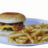 Bacon Cheeseburger W/Fries · Half Pound Angus beef patty, slice of thick bacon, lettuce, tomato, onions, pickles, ketchup...