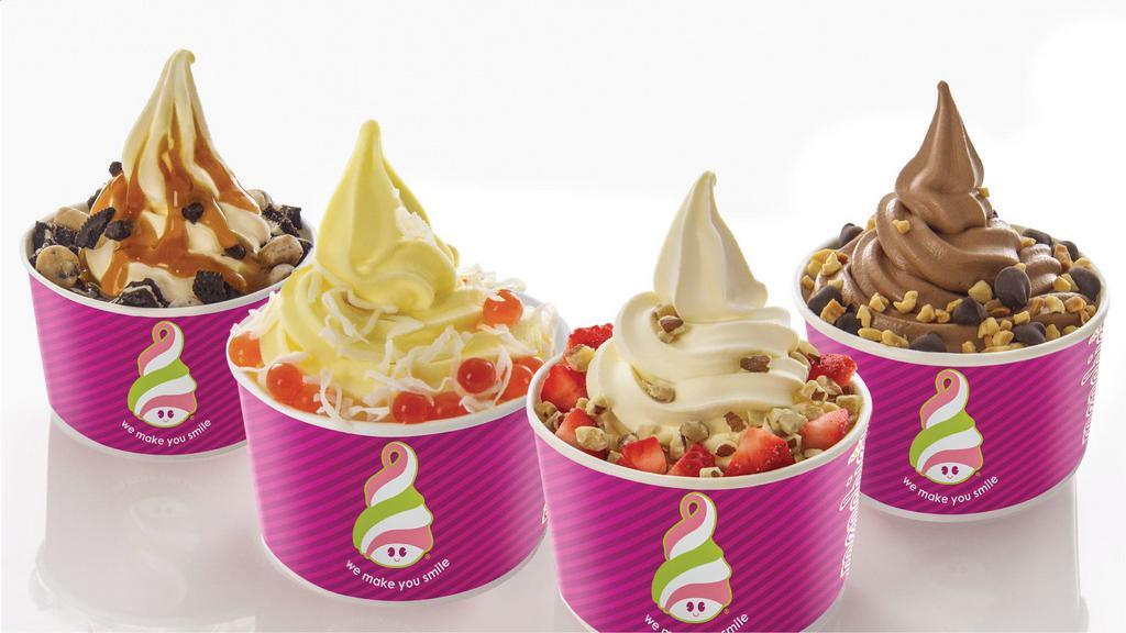 Family Quad Pack · Save over 15%! FOUR regular or large cups of froyo/sorbet plus 8 included toppings (i.e. 2 per cup). Extra toppings can be added from the Extra Toppings section.