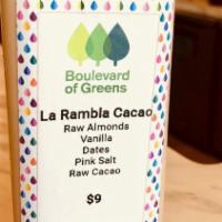 La Rambla Cacao · Cold-pressed almond milk with all-organic almonds, dates, and cacao in filtered water.