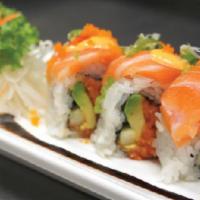 Crazy Salmon Roll · Spicy, raw. In: spicy tuna, avocado, cucumber. Out: salmon, spicy mayo, green onion, masago,...