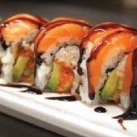 Sunshine Roll · Spicy, raw. In: spicy tuna, crab meat, avocado & cucumber. Out: salmon, eel sauce.