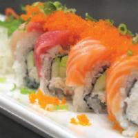 Rainbow Roll · Raw. California roll topped with tuna, salmon, albacore, ono, shrimp & avocado smelt egg & s...
