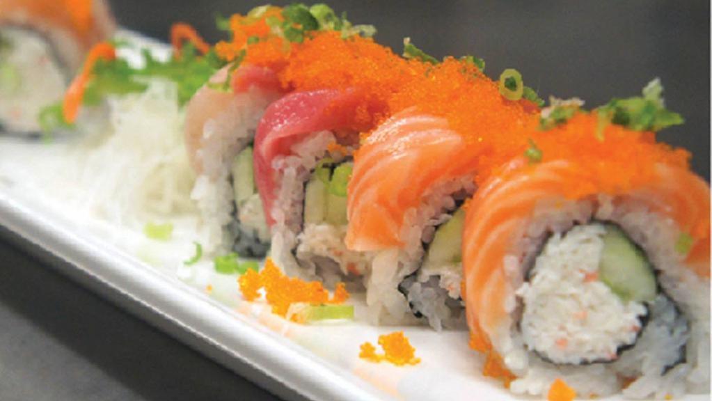 Rainbow Roll · Raw. California roll topped with tuna, salmon, albacore, ono, shrimp & avocado smelt egg & scallion on top.