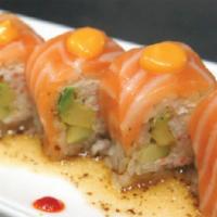 Oh My Salmon Roll · Spicy, raw. In: California roll on soy paper. Out: salmon, sweet mustard sauce, spicy mayo.