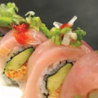 Ichiban Roll · Spicy, raw. In: spicy crab meat, cucumber & avocado. Out: yellowtail, albacore, avocado, red...