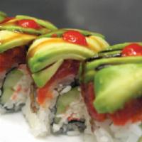 Red Dragon Roll · Spicy, raw. In: California roll. Out: avocado over spicy tuna, hot sauce, eel sauce.