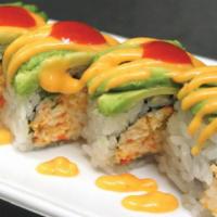 Mexican Roll · Spicy, raw. In: spicy crab meat, shrimp. Out: avocado, spicy mayo, chili sauce.
