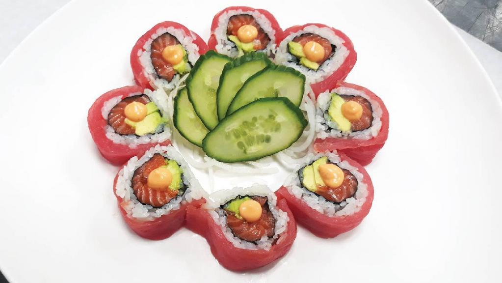 Red Blossom Roll · Spicy, raw. In: fresh salmon, avocado
Out: fresh tuna, spicy mayo.