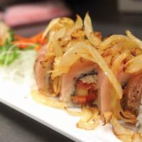 Maui Roll · Spicy, raw. In: spicy tuna, crab meat, cucumber, gobo. Out: seared albacore, fried onions, p...