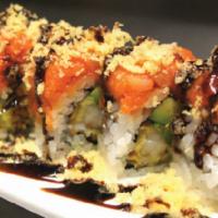 Hot Night Roll · Spicy, raw. In: shrimp tempura, avocado. Out: spicy tuna, crunch, eel sauce.