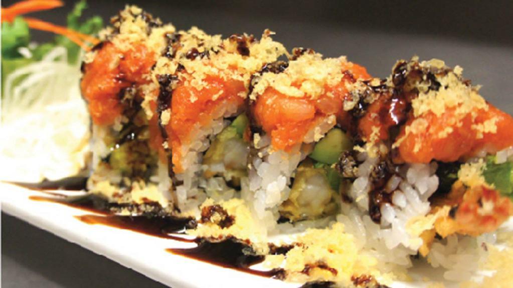 Hot Night Roll · Spicy, raw. In: shrimp tempura, avocado. Out: spicy tuna, crunch, eel sauce.