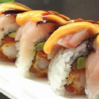Hello Yellow Yellow Roll · Spicy, raw. In: spicy tuna, shrimp tempura, avocado. Out: yellowtail, spicy mayo, eel sauce.