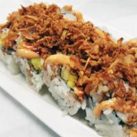 Crunch California Roll · Spicy. In: California roll
Out: Crispy fried onion, eel sauce, spicy mayo.