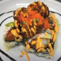Crunch Scallop Roll · Spicy. In: fried scallop, avocado, cucumber, crab meat. Out: smelt egg, scallop, spicy mayo,...