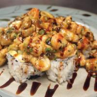 Lobster Roll · California roll w/ baked baby lobster, mushroom mixed with scallions, masago, chili sauce, f...