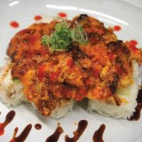Baked Spicy Lobster Roll · Spicy. California roll with spicy baked crawfish, smelt egg, eel sauce on top.
