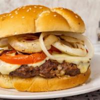 Kabob Burger · Kabob-style homemade beef burger topped with cheese, grilled tomato, grilled onion, pickles