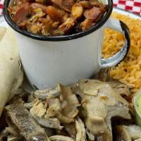 Platillo Buche · 1 Meat Plate, Rice, Beans, 
 4 Corn Tortillas, salsa, onions & Cilantro