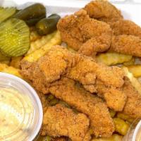 5 Piece Fish Basket · 5 Piece Fish Basket Served with fries, bread, pickles, peppers, hushpuppies and fish sauce.