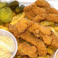 15 Piece Fish Basket  · 15 Piece Fish Basket Served with fries, bread, pickles, peppers, hushpuppies and fish sauce.