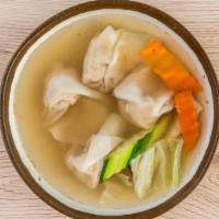 Wonton Soup · Pork and beef wontons, carrot, mushrooms, broccoli, cabbage, zucchini, sesame oil and scalli...