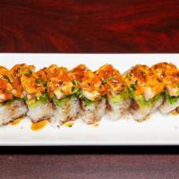 Pimp My Roll · Shrimp tempura, spicy tuna, topped with fresh avocado, salmon, our house specialty dream sau...